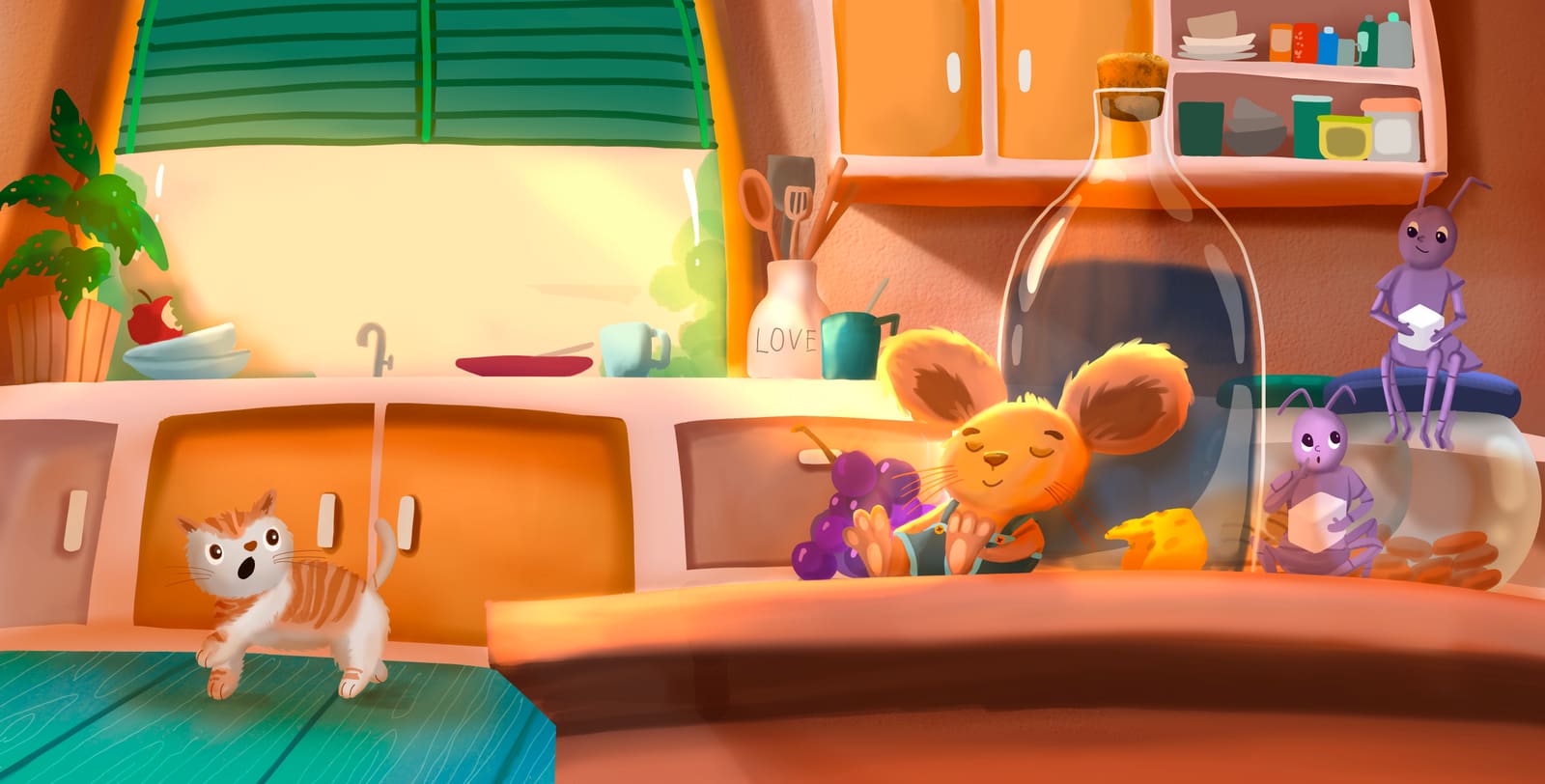 A mouse and a cat in a cosy caravan kitchen filled with jars and vegetables, digital picture-book spread