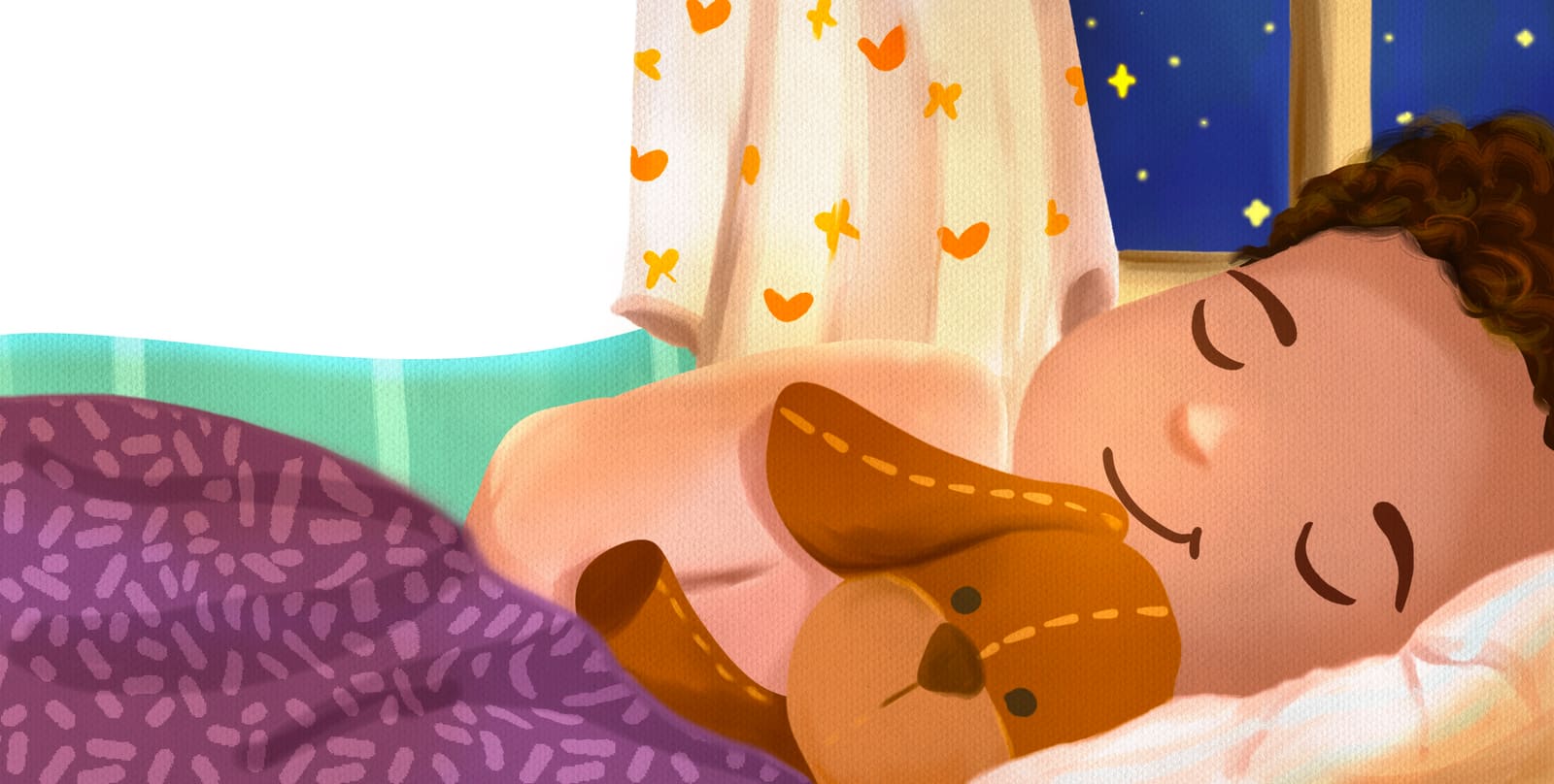 A child asleep in bed with a teddy bear, stars on the curtains behind